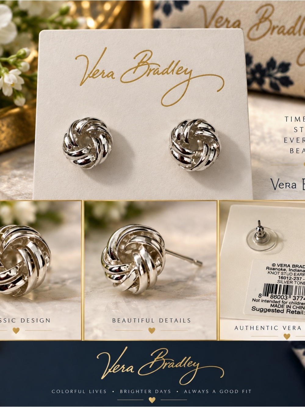 Vera Bradley Shiny Silver Knot Stud Earrings